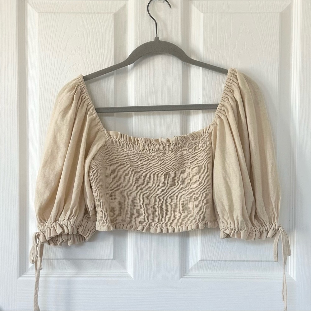 FARM Rio Smocked Balloon Sleeve Crop Top with Ties